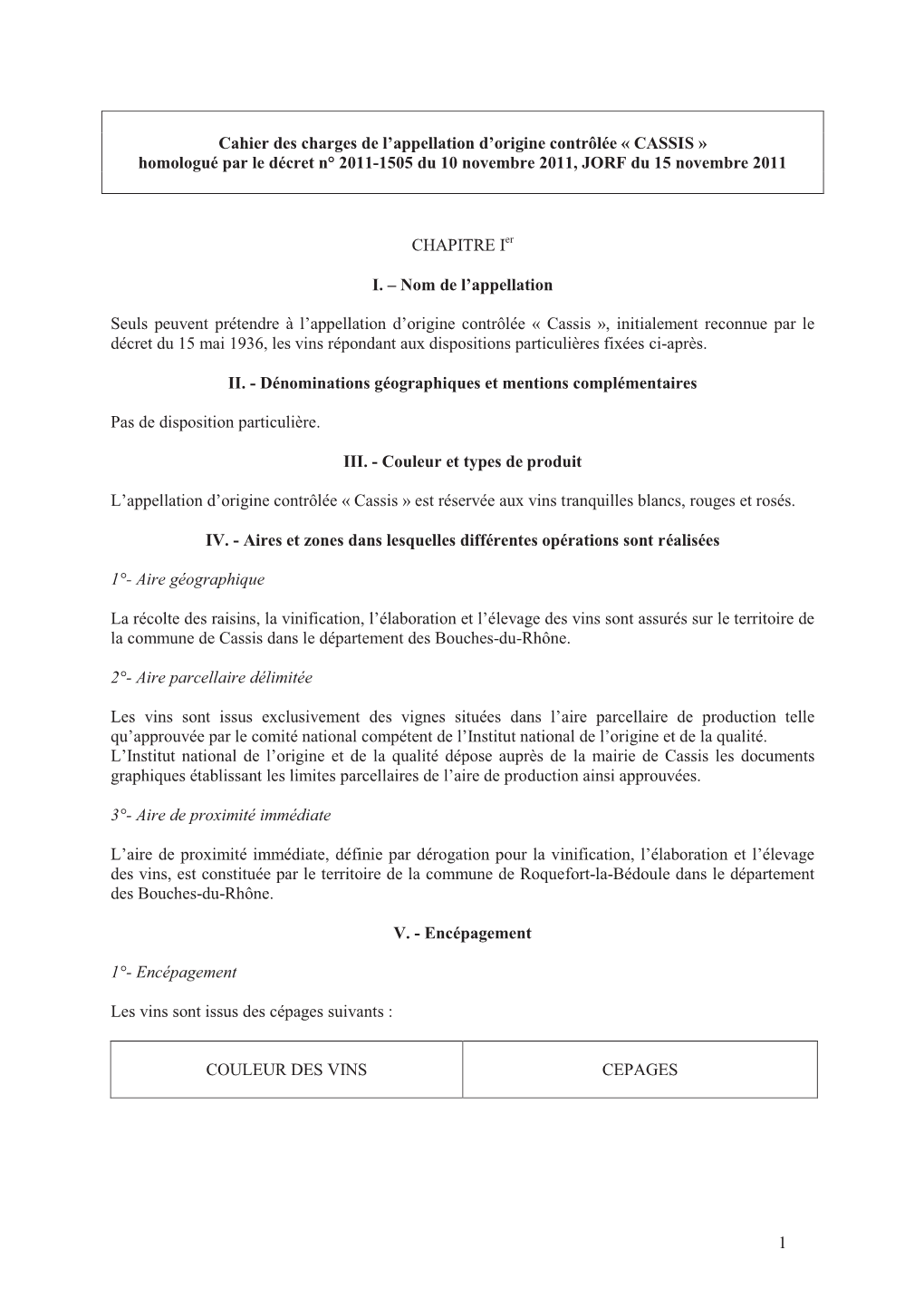 1 Cahier Des Charges De L'appellation D'origine Contrôlée