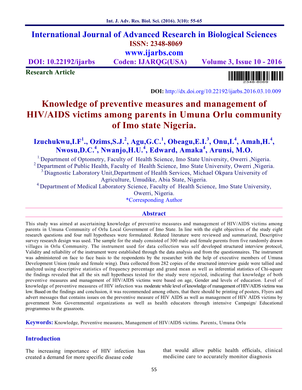 Knowledge of Preventive Measures and Management of HIV/AIDS Victims Among Parents in Umuna Orlu Community of Imo State Nigeria