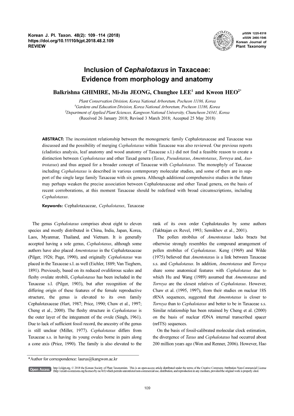 Inclusion of Cephalotaxus in Taxaceae: Evidence from Morphology and Anatomy