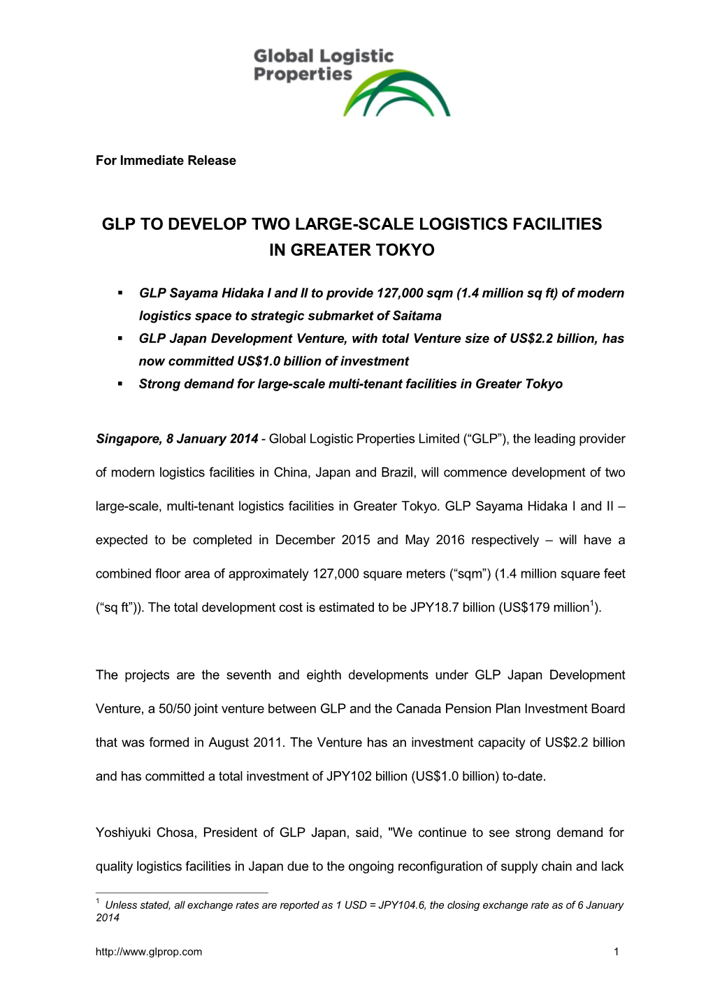Glp to Develop Two Large-Scale Logistics Facilities in Greater Tokyo