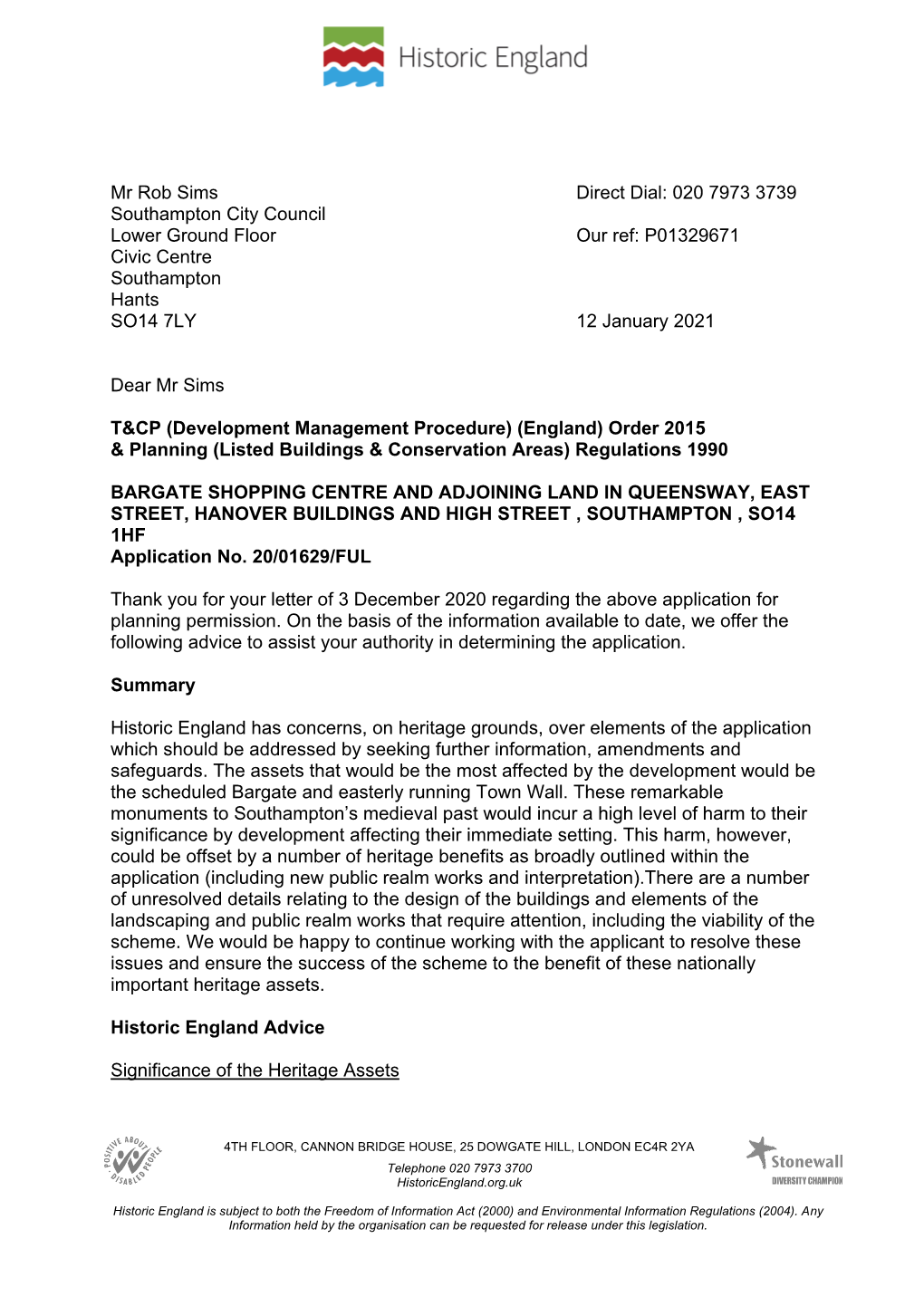 Mr Rob Sims Direct Dial: 020 7973 3739 Southampton City Council Lower Ground Floor Our Ref: P01329671 Civic Centre Southampton Hants SO14 7LY 12 January 2021