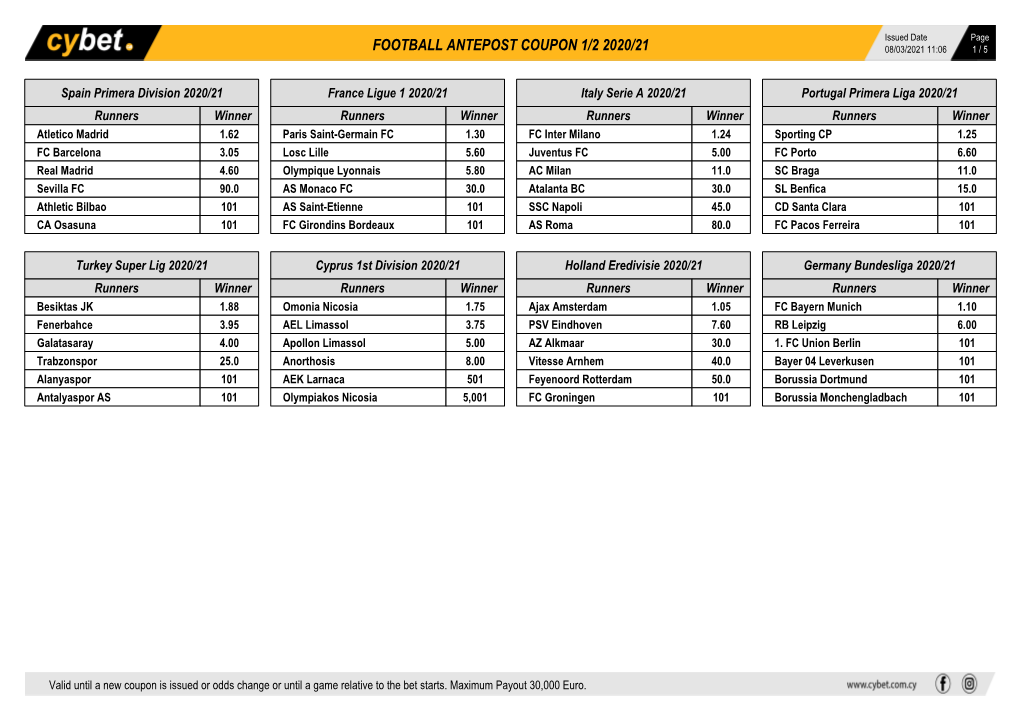 Football Antepost Coupon 1/2 2020/21 08/03/2021 11:06 1 / 5