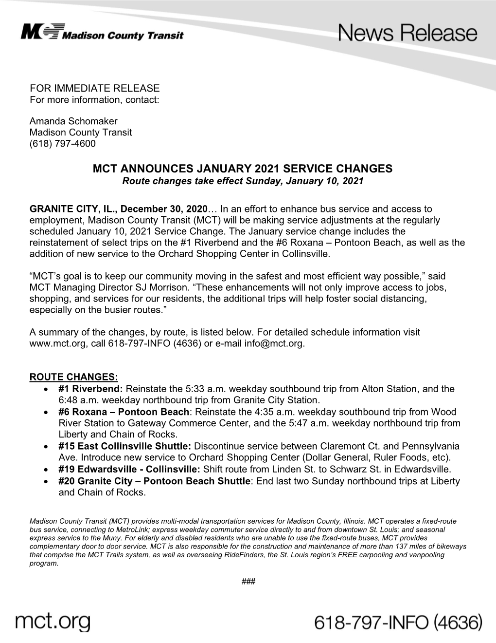 MCT ANNOUNCES JANUARY 2021 SERVICE CHANGES Route Changes Take Effect Sunday, January 10, 2021