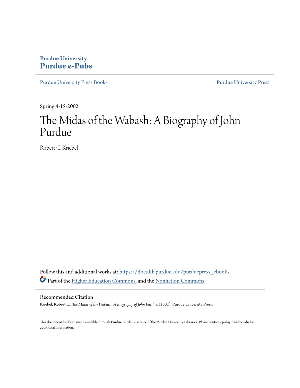 A Biography of John Purdue Robert C