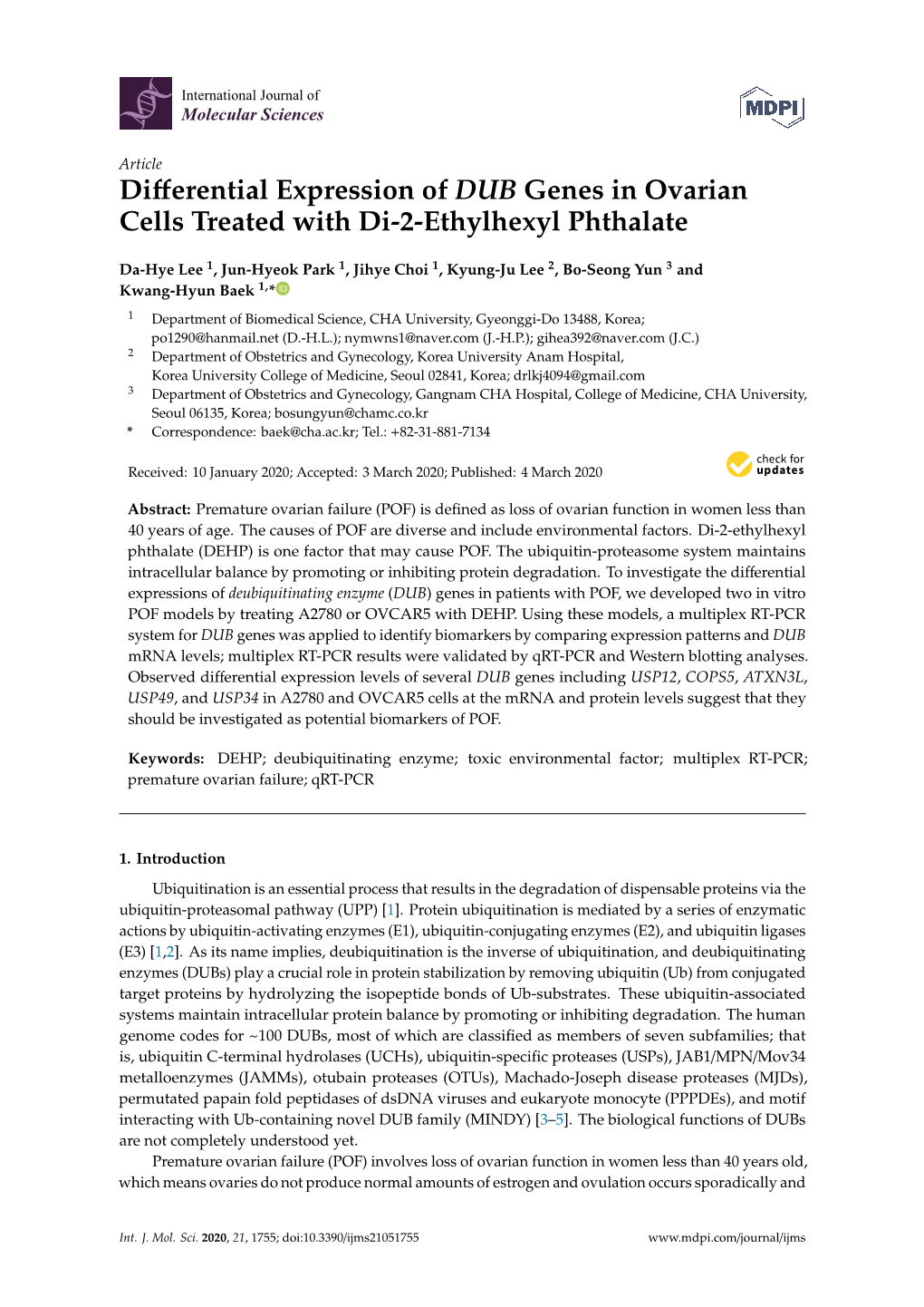 Differential Expression of DUB Genes in Ovarian Cells Treated with Di-2-Ethylhexyl Phthalate