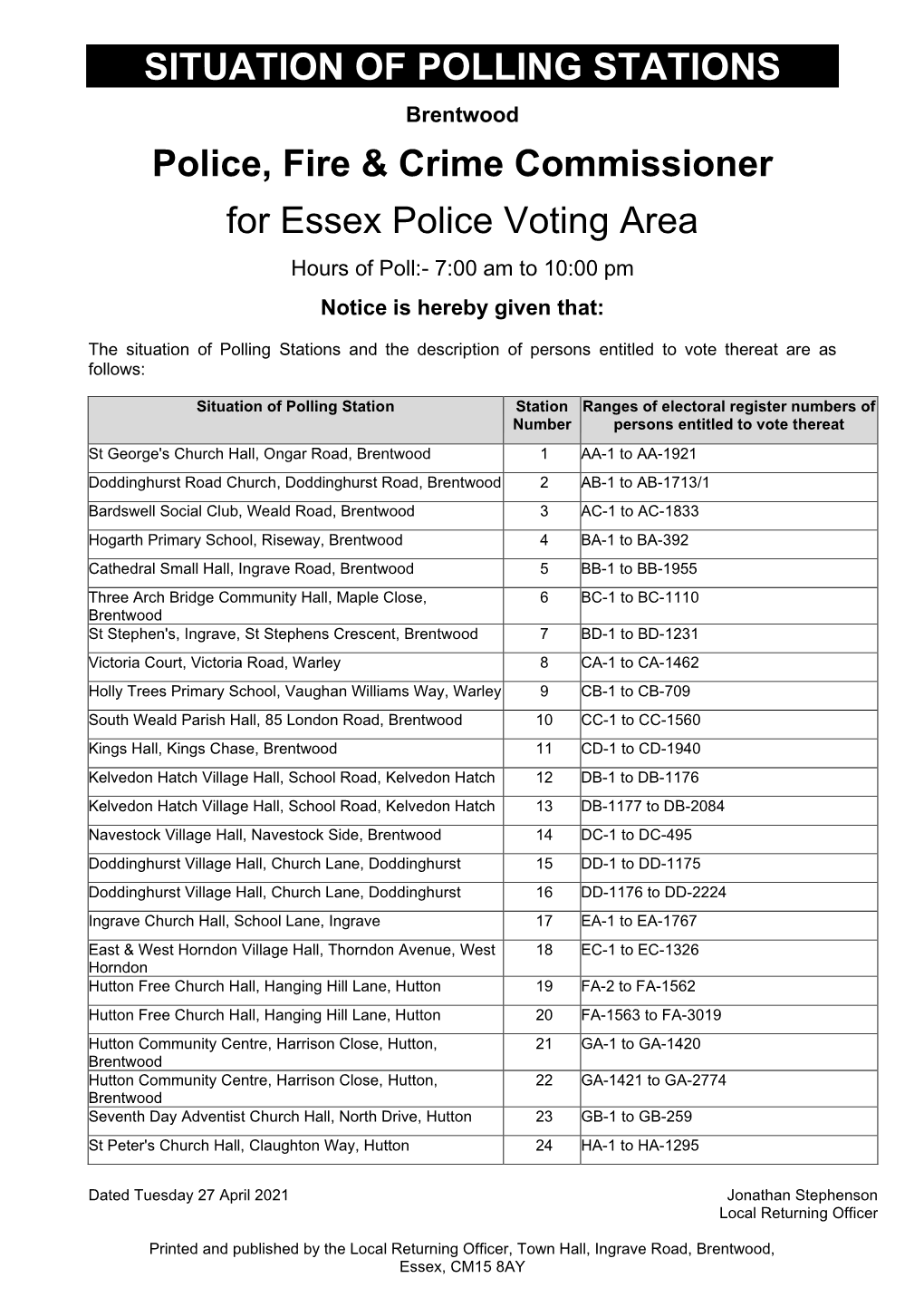 SITUATION of POLLING STATIONS Police, Fire & Crime Commissioner