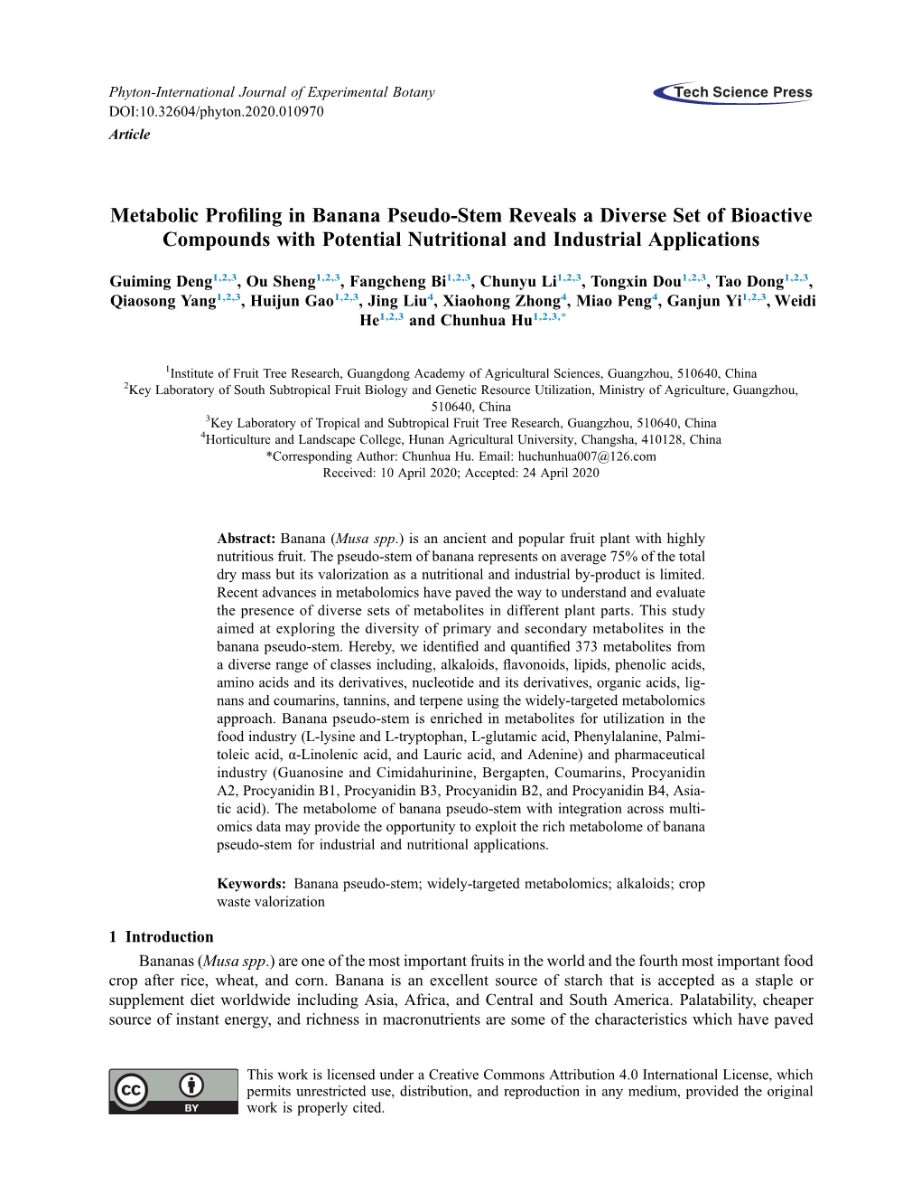 Metabolic Profiling in Banana Pseudo-Stem Reveals a Diverse