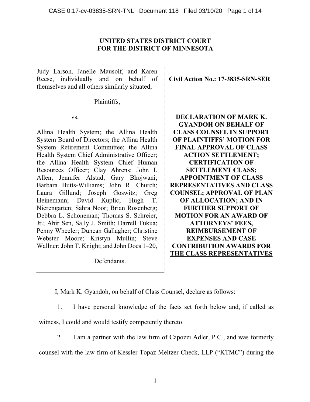 Declaration of Mark K. Gyandoh in Support of Plaintiffs' Motion for Final Approval