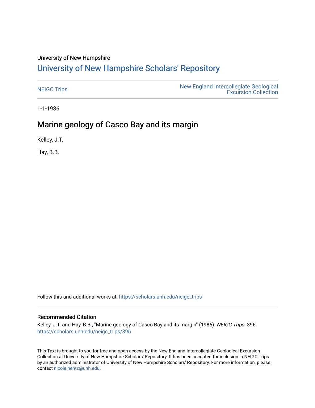 Marine Geology of Casco Bay and Its Margin