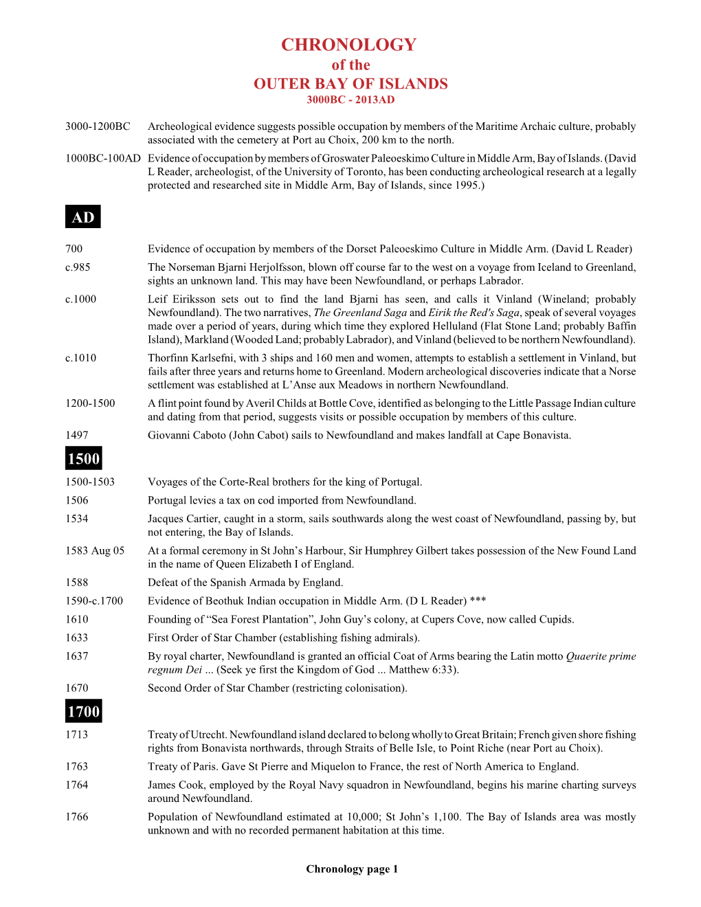 CHRONOLOGY of the OUTER BAY of ISLANDS 3000BC - 2013AD