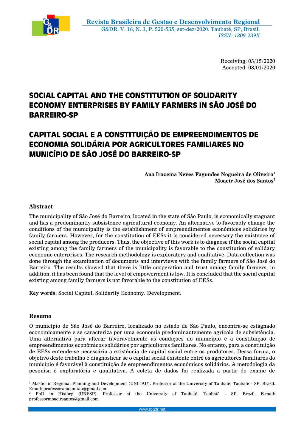 Social Capital and the Constitution of Solidarity Economy Enterprises by Family Farmers in São José Do Barreiro-Sp