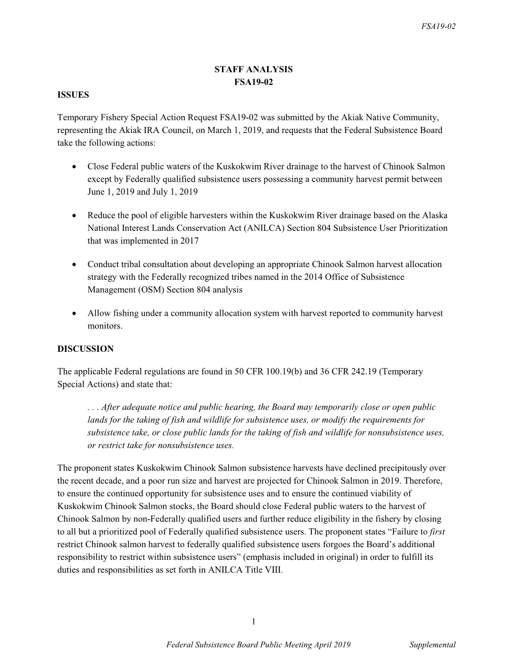 1 STAFF ANALYSIS FSA19-02 ISSUES Temporary Fishery Special