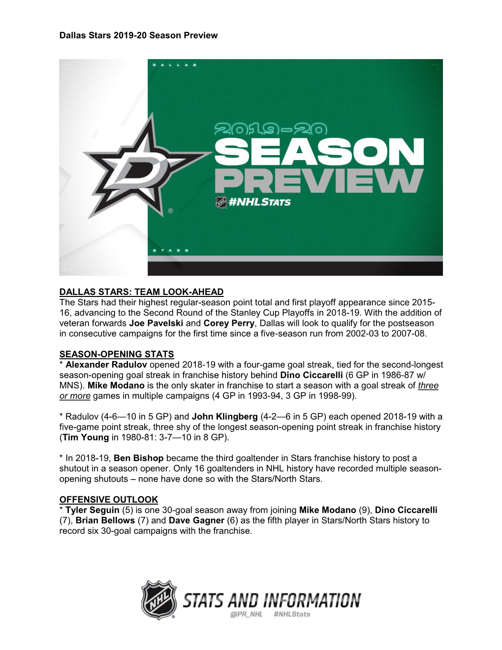 Dallas Stars 2019-20 Season Preview DALLAS STARS
