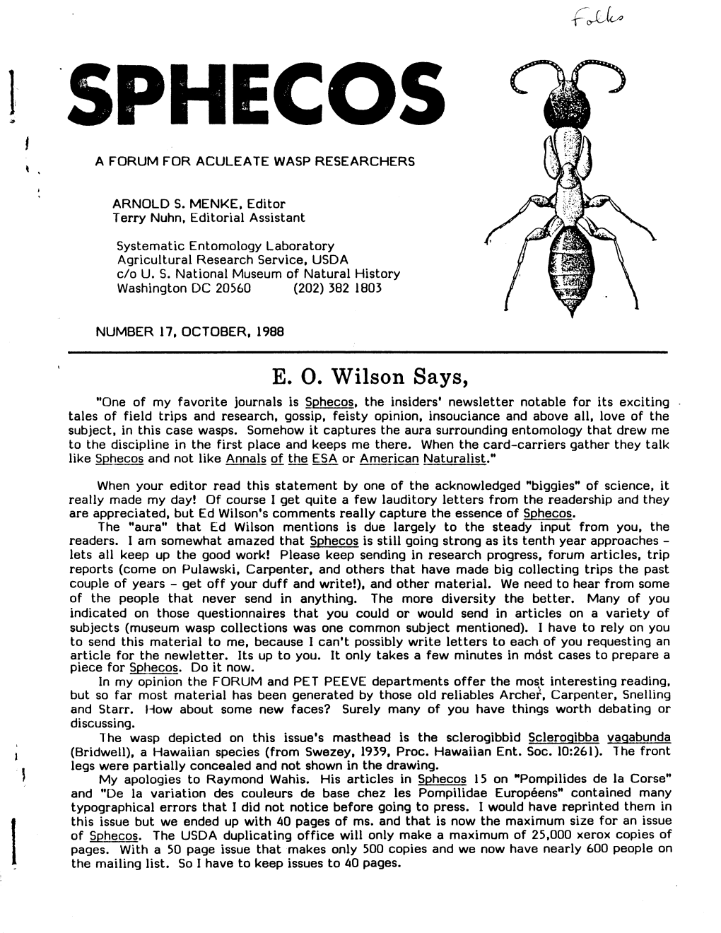 Sphecos I a FORUM for ACULEATE WASP RESEARCHERS