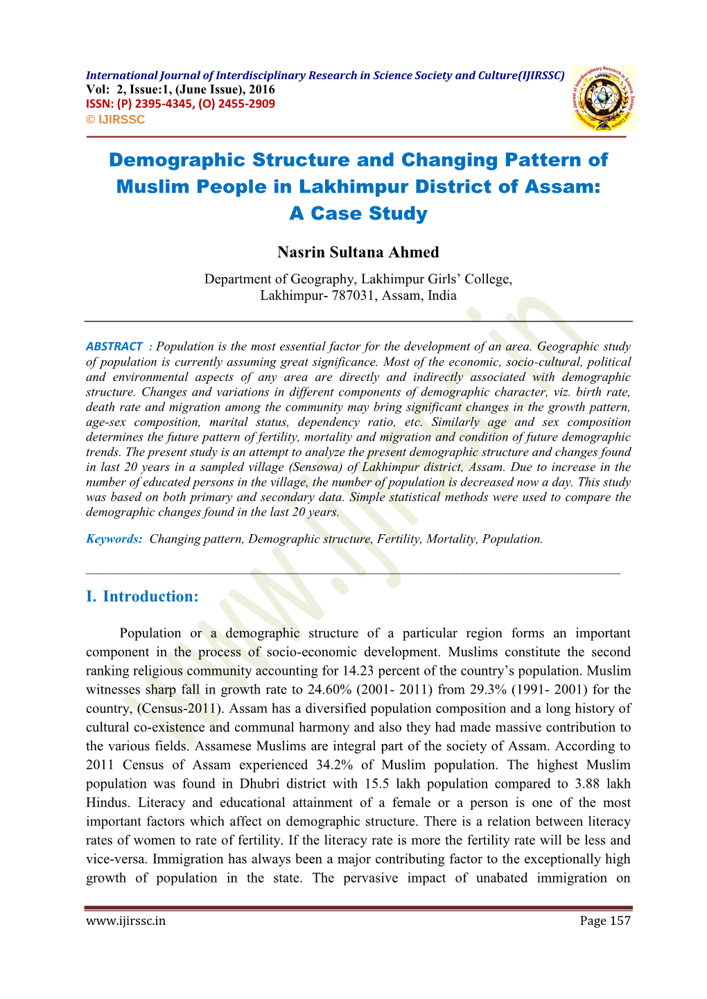 Demographic Structure and Changing Pattern of Muslim People in Lakhimpur District of Assam: a Case Study