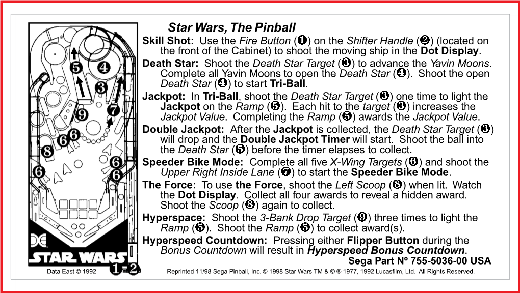 Star Wars, the Pinball Skill Shot: Use the Fire Button ( ) on the Shifter Handle (†) (Located on the Front of the Cabinet) to Shoot the Moving Ship in the Dot Display