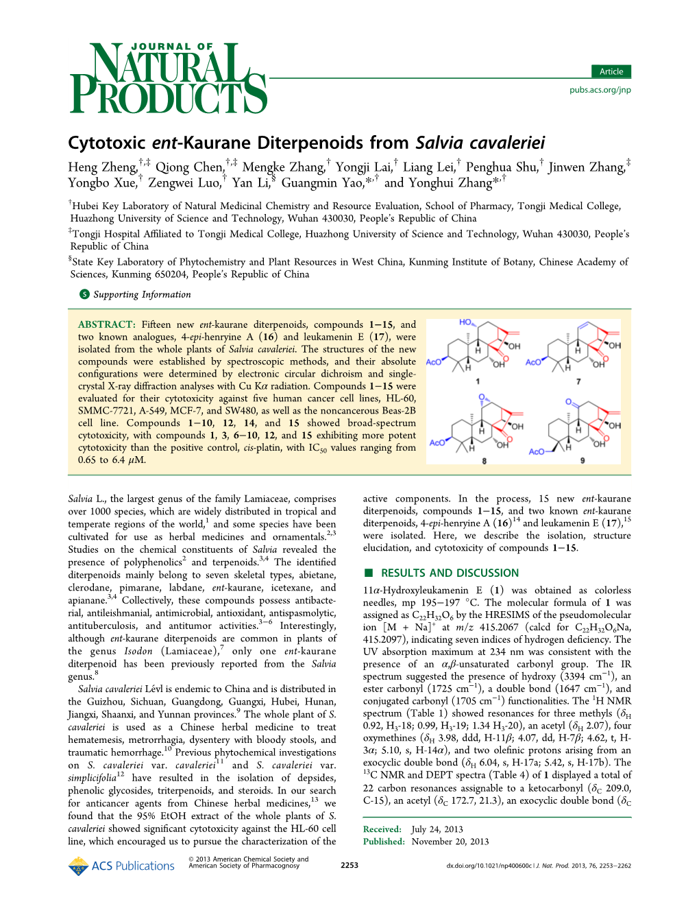 Cytotoxic Ent-Kaurane Diterpenoids from Salvia Cavaleriei