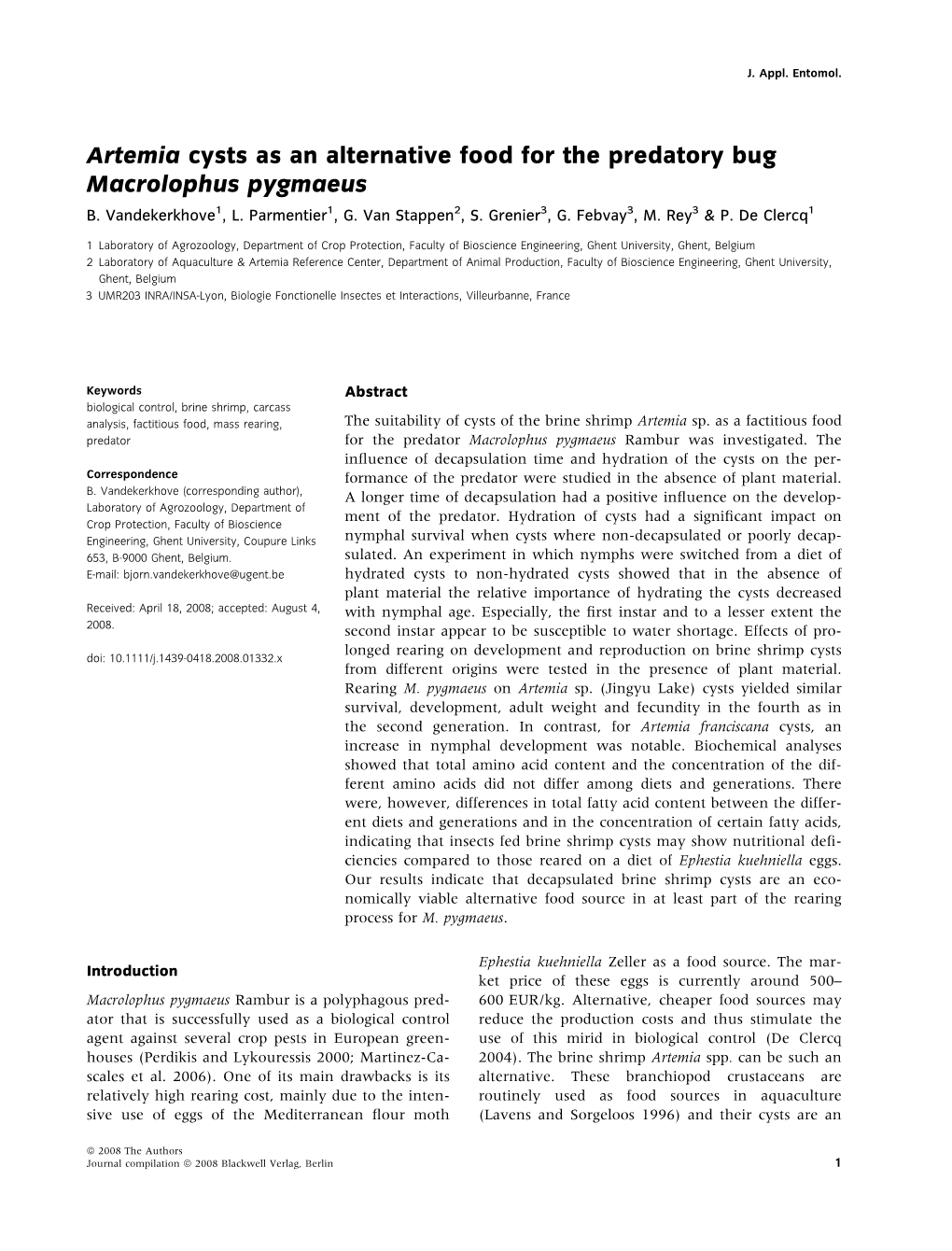 Artemia Cysts As an Alternative Food for the Predatory Bug Macrolophus Pygmaeus B