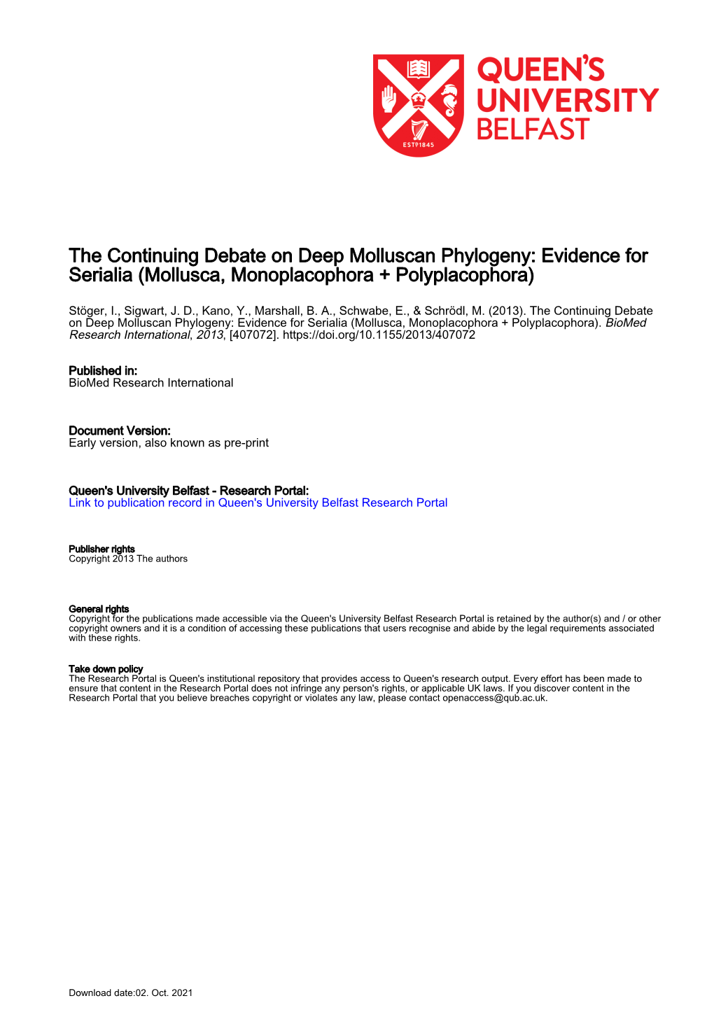 Evidence for Serialia (Mollusca, Monoplacophora + Polyplacophora)