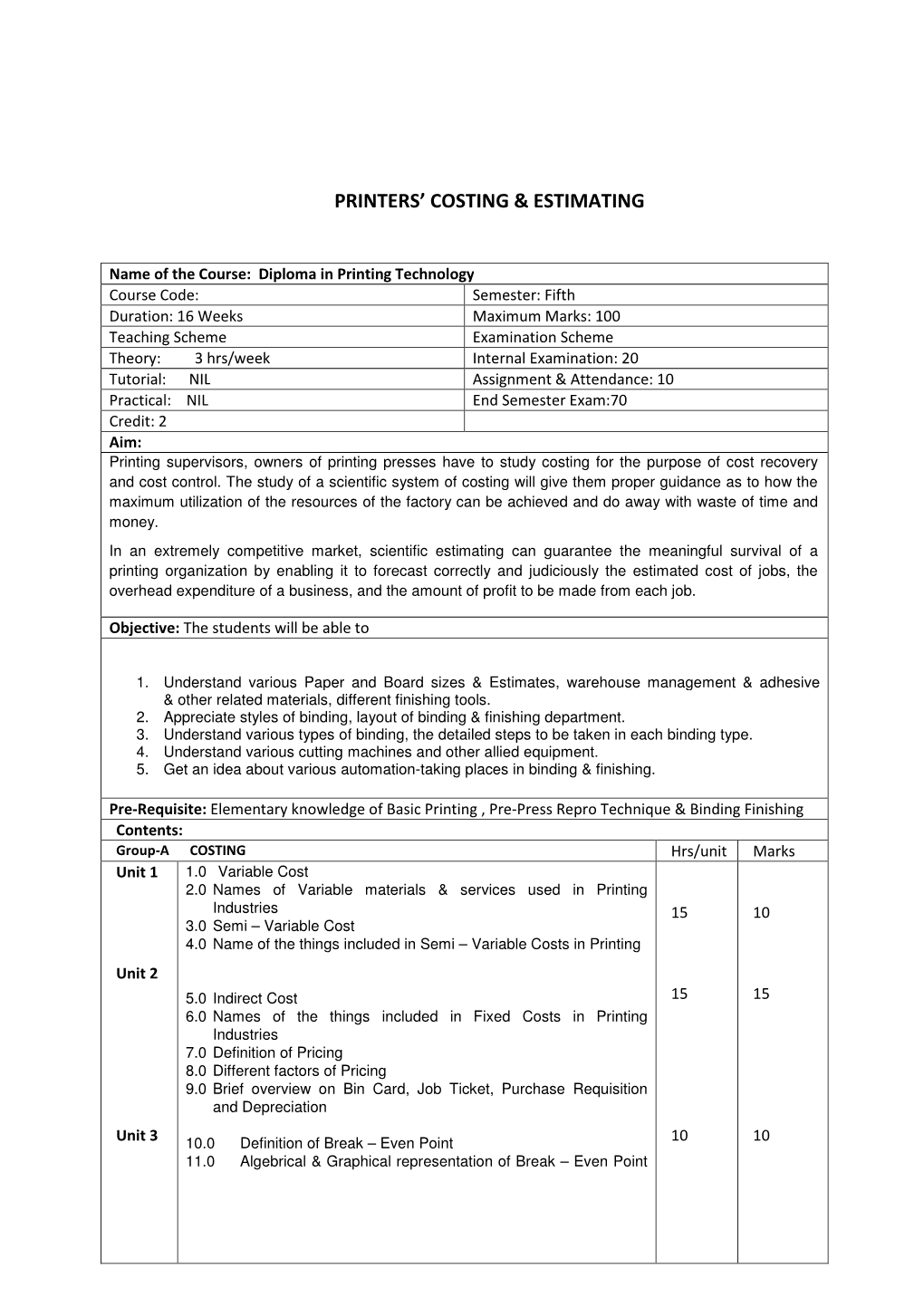 Printers' Costing & Estimating