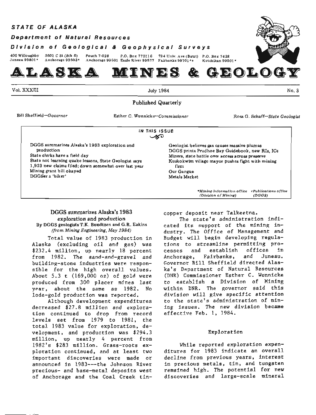 Published Quarterly DGGS Summarizes Alaska's 1983 Exploration and Production Total Value of 1983 Production in Alaska