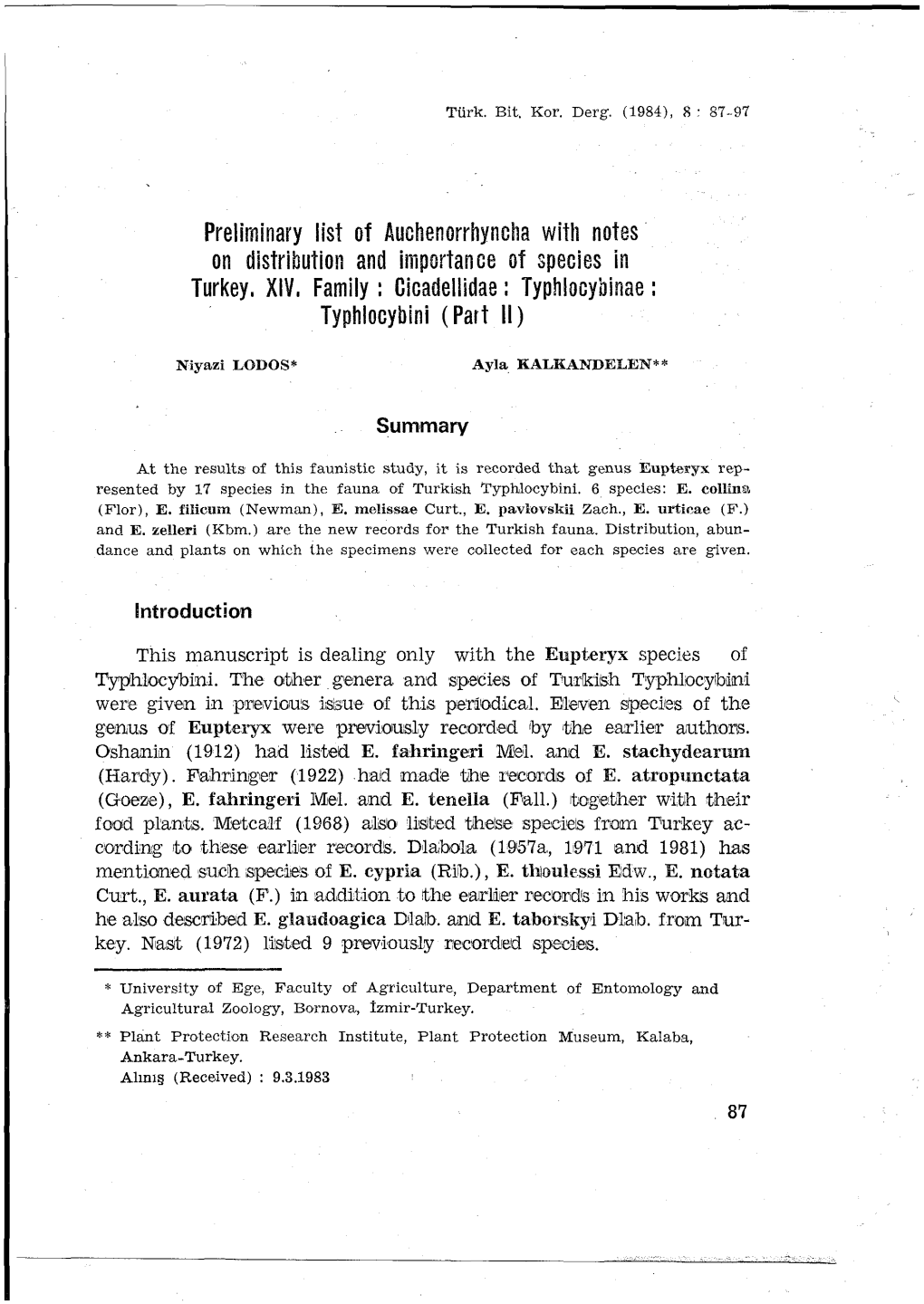 Preliminary List of Auchenorrhyncha with Netes on Distribution and Lmaartan Ce of Specles in Turkey