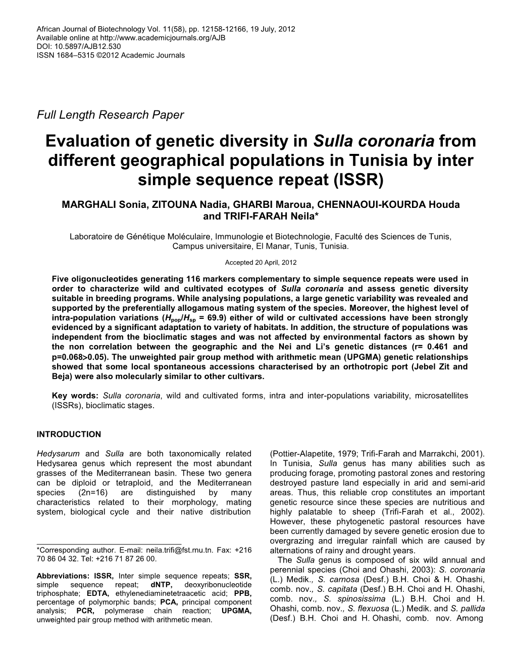 Evaluation of Genetic Diversity in Sulla Coronaria from Different Geographical Populations in Tunisia by Inter Simple Sequence Repeat (ISSR)