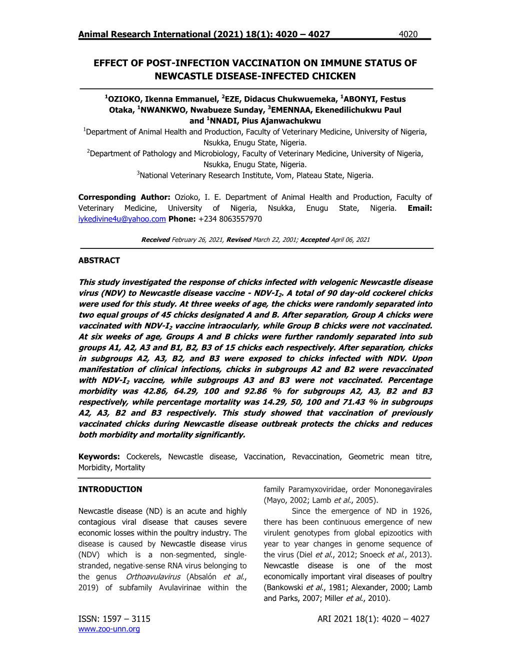 Effect of Post-Infection Vaccination on Immune Status of Newcastle