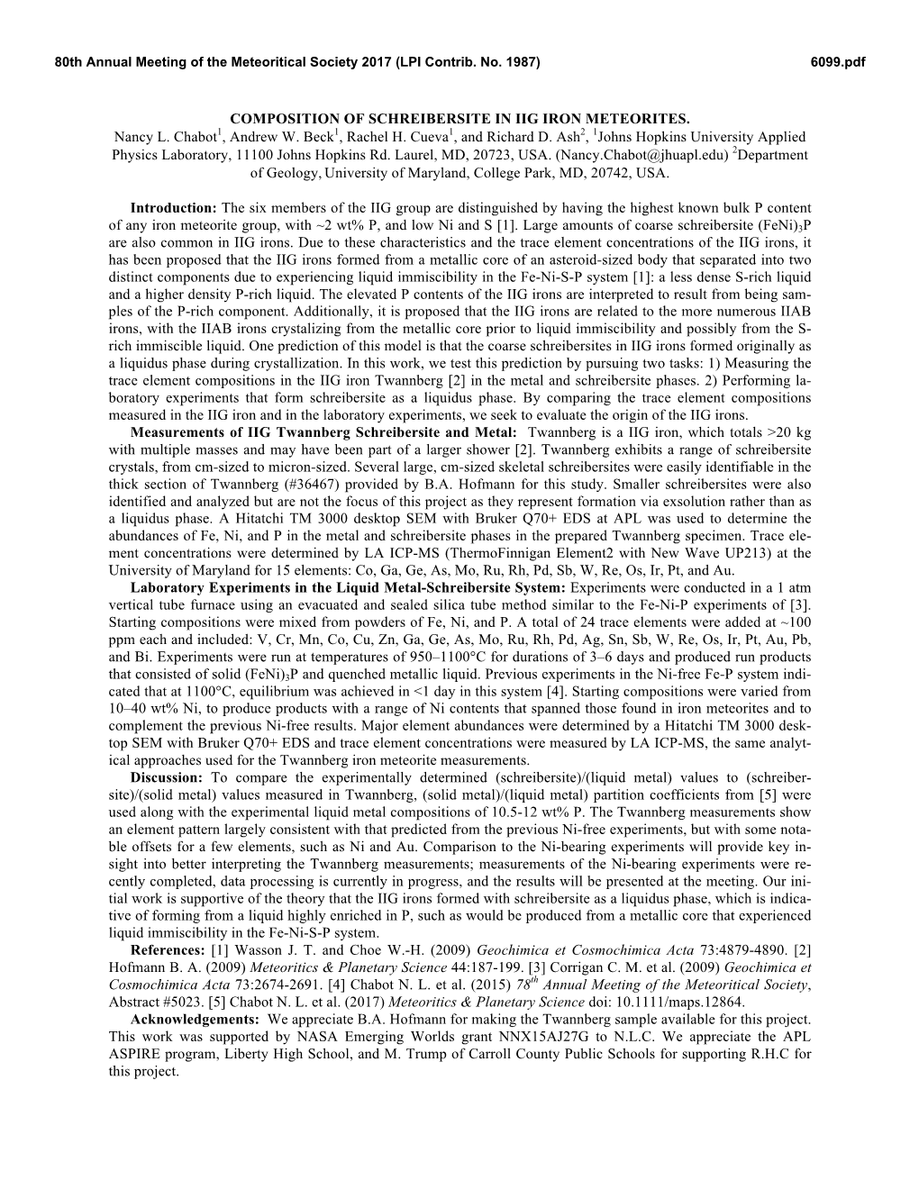 COMPOSITION of SCHREIBERSITE in IIG IRON METEORITES. Nancy L