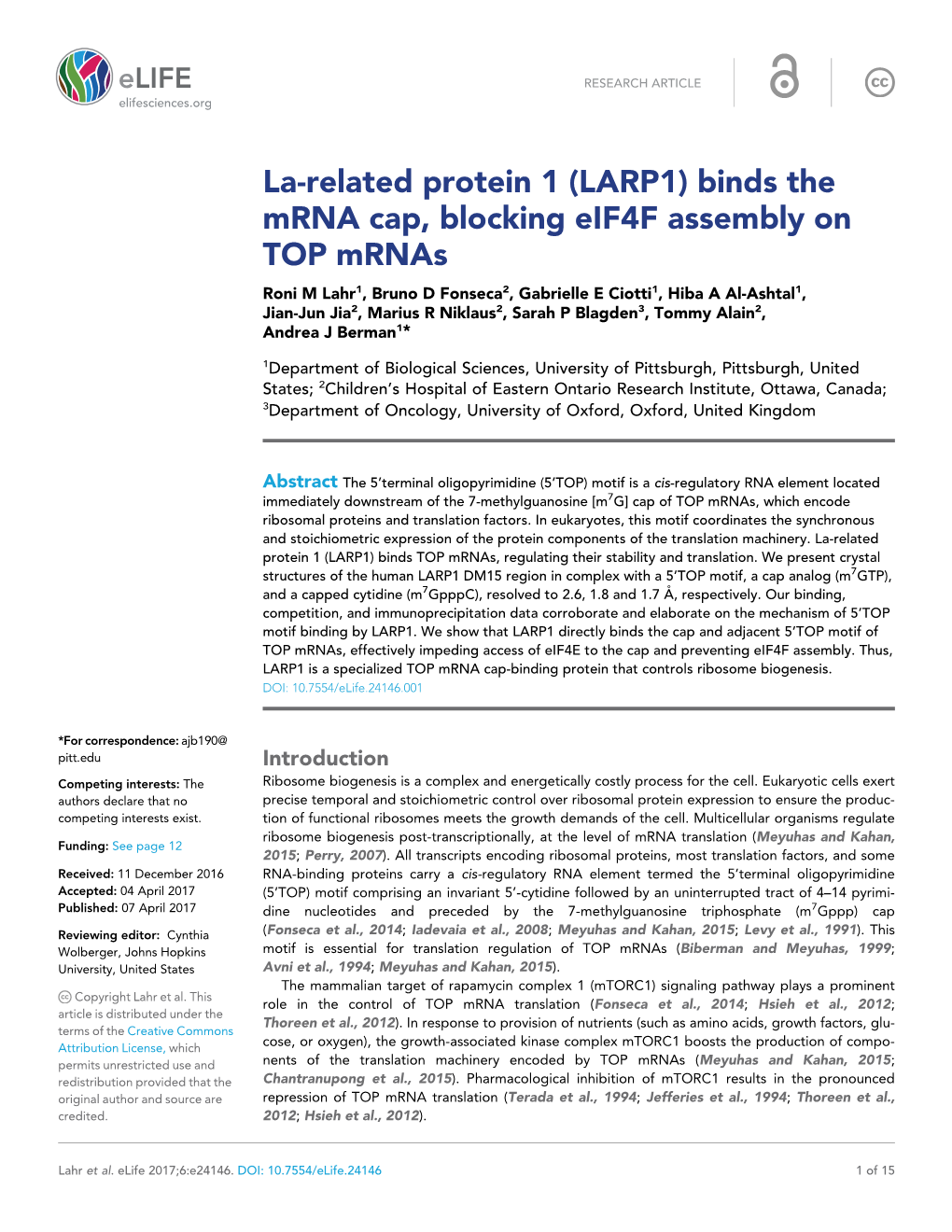 La-Related Protein 1 (LARP1) Binds the Mrna Cap, Blocking Eif4f Assembly on TOP Mrnas