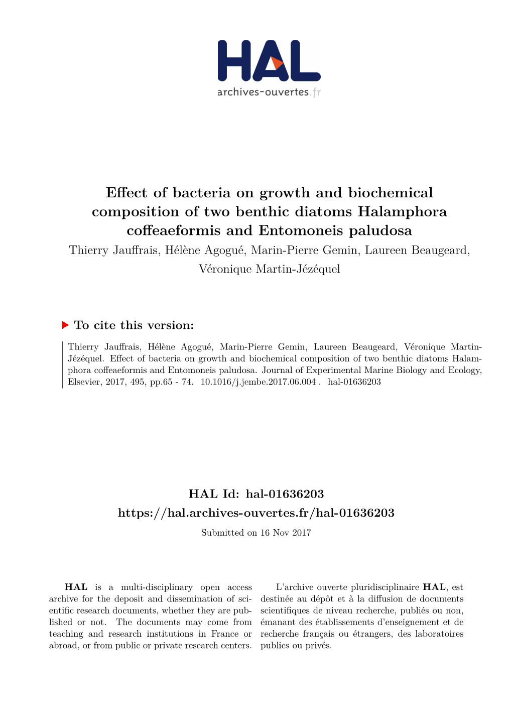 Effect of Bacteria on Growth and Biochemical Composition of Two