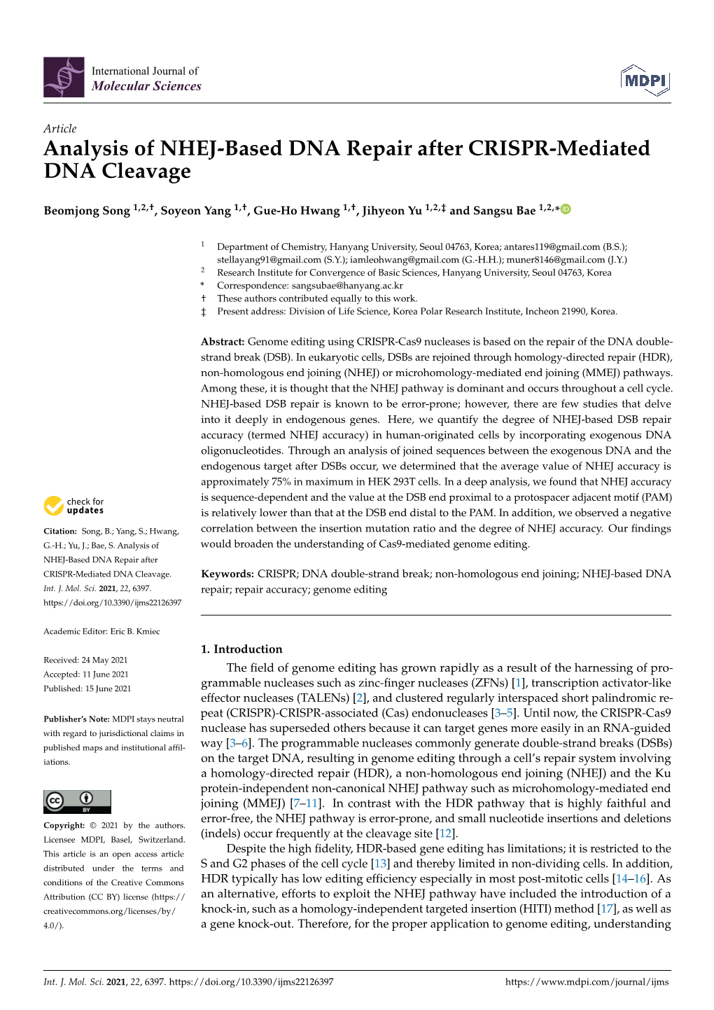 Analysis of NHEJ-Based DNA Repair After CRISPR-Mediated DNA Cleavage