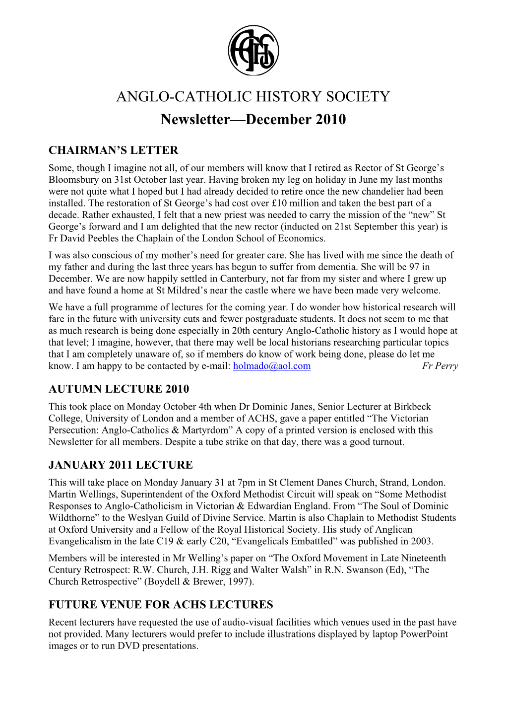 ANGLO-CATHOLIC HISTORY SOCIETY Newsletter—December 2010