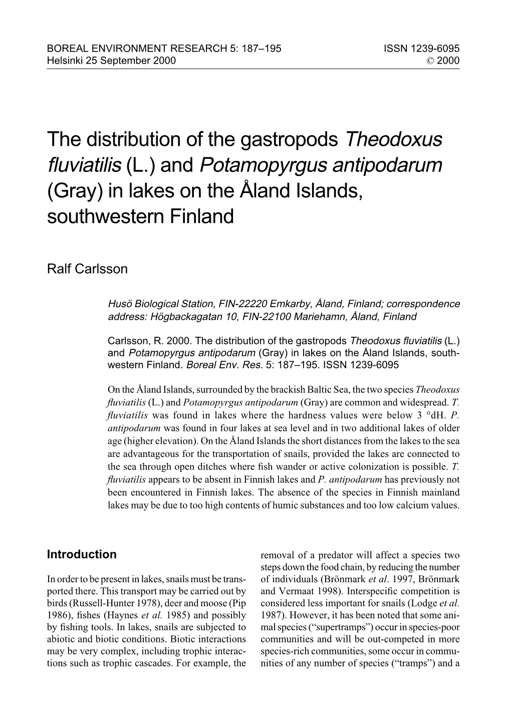 And Potamopyrgus Antipodarum (Gray) in Lakes on the Åland Islands, Southwestern Finland