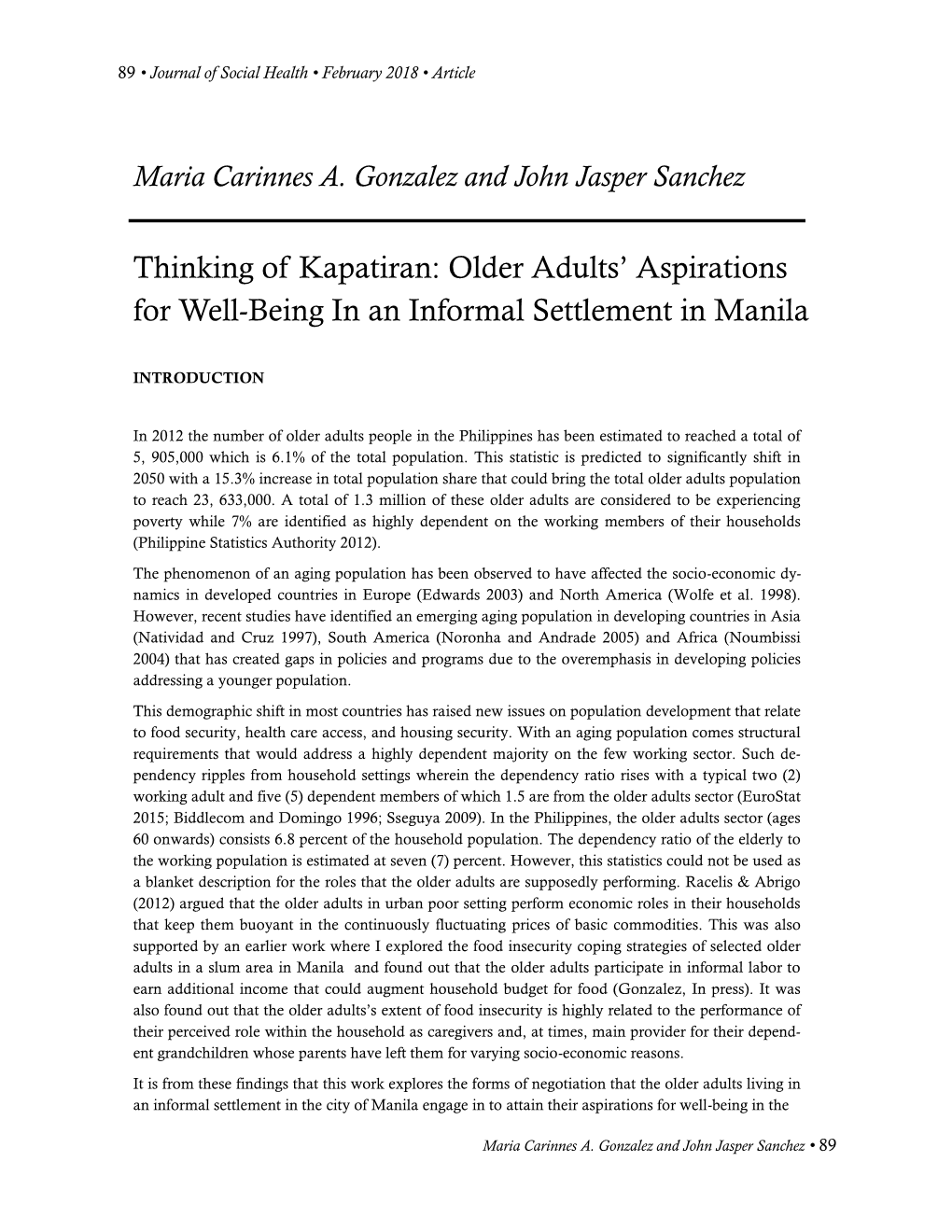 Thinking of Kapatiran: Older Adults’ Aspirations for Well-Being in an Informal Settlement in Manila