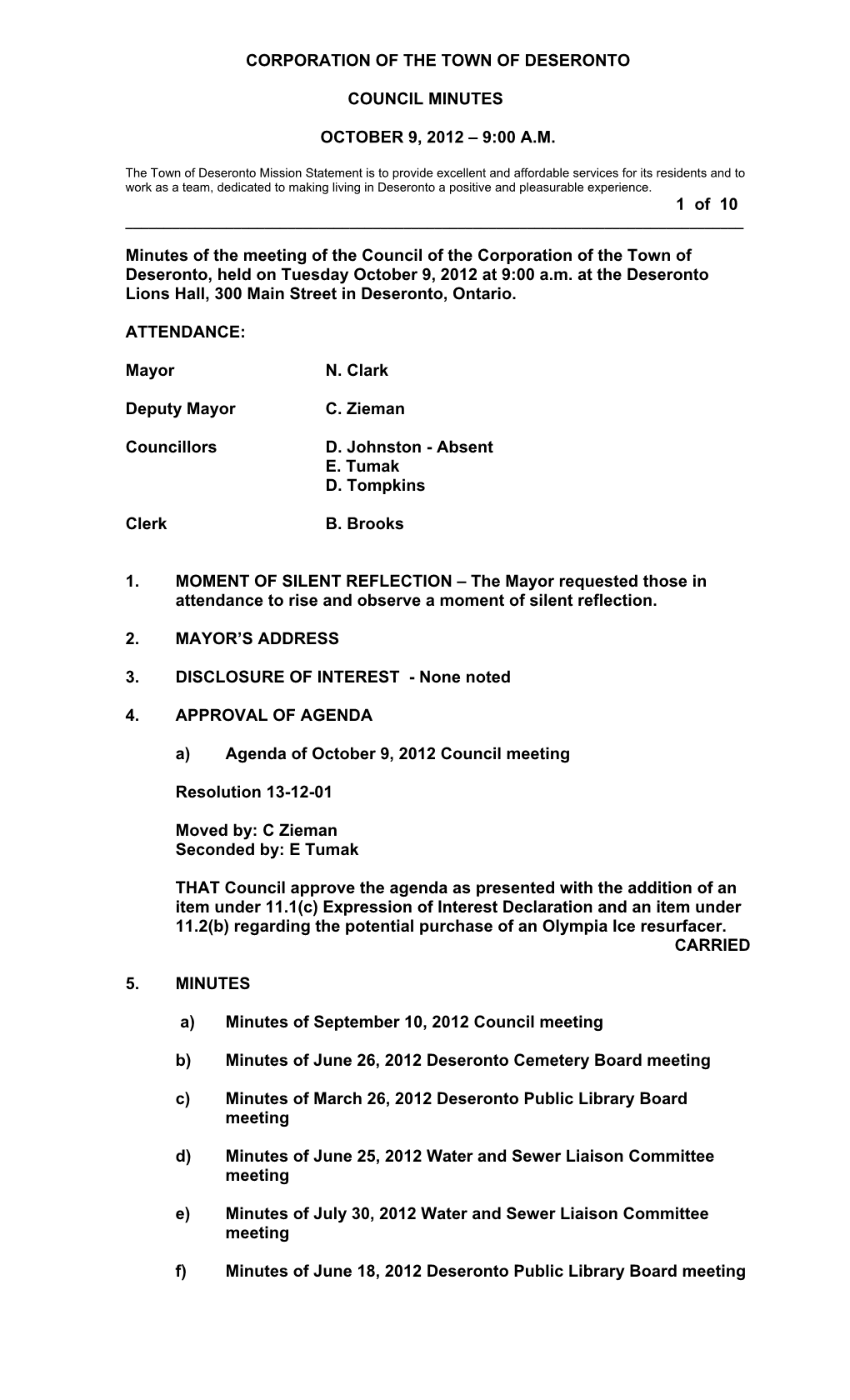 Corporation of the Town of Deseronto Council Minutes