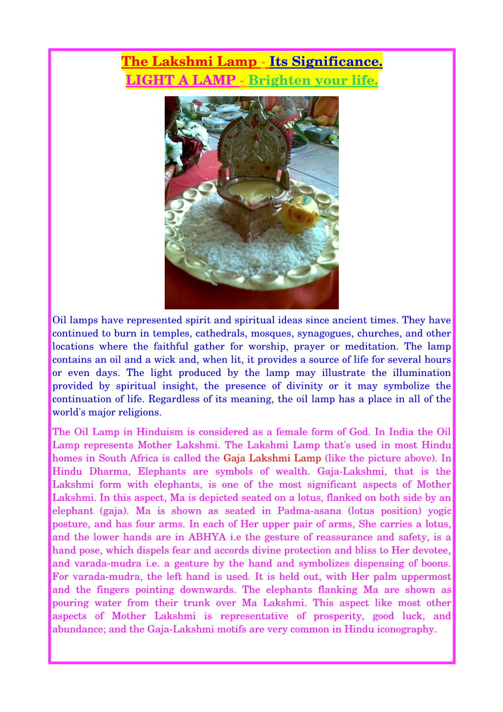 The Lakshmi Lamp Its Significance