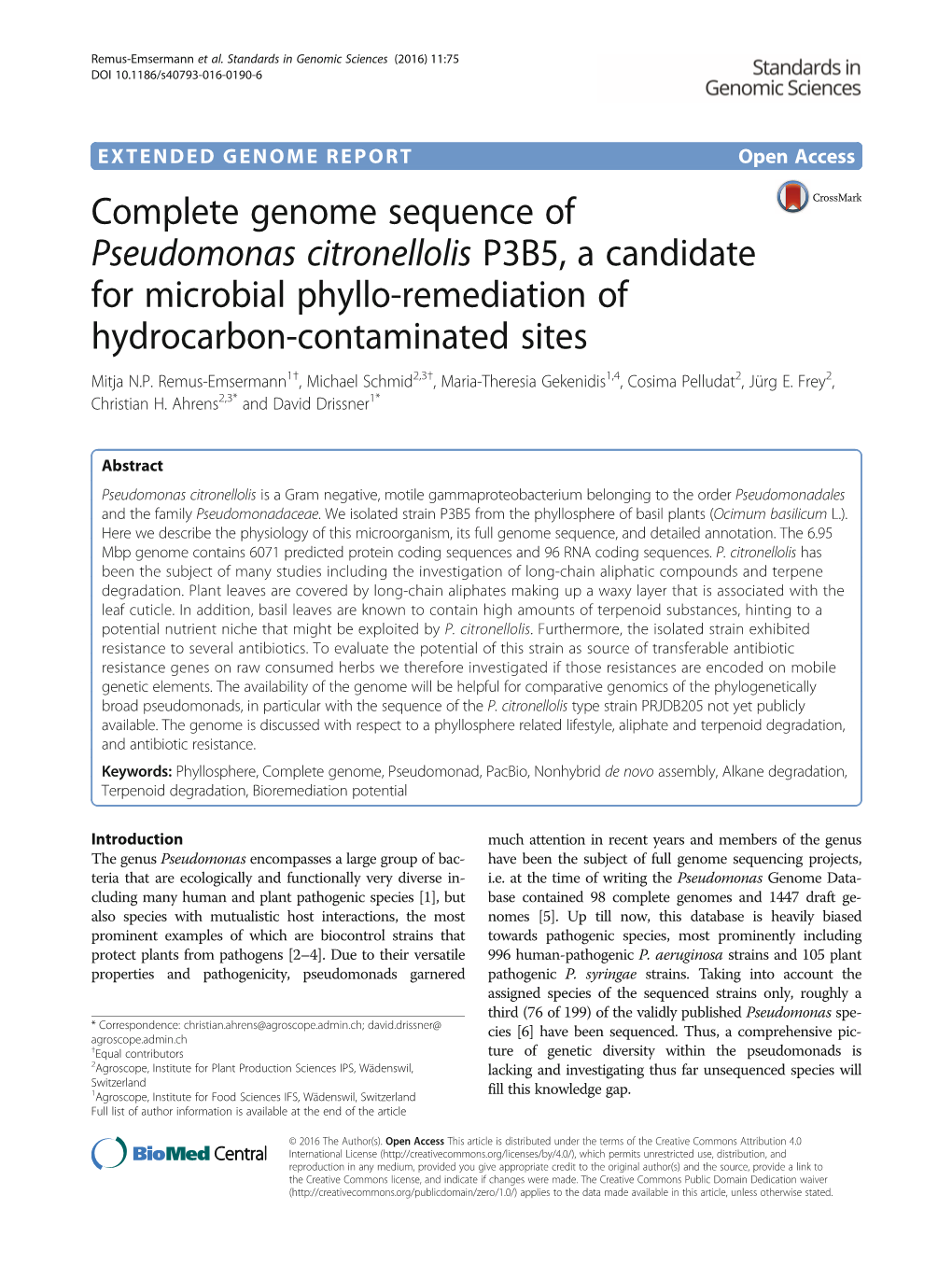 Complete Genome Sequence of Pseudomonas Citronellolis P3B5, a Candidate for Microbial Phyllo-Remediation of Hydrocarbon-Contaminated Sites Mitja N.P
