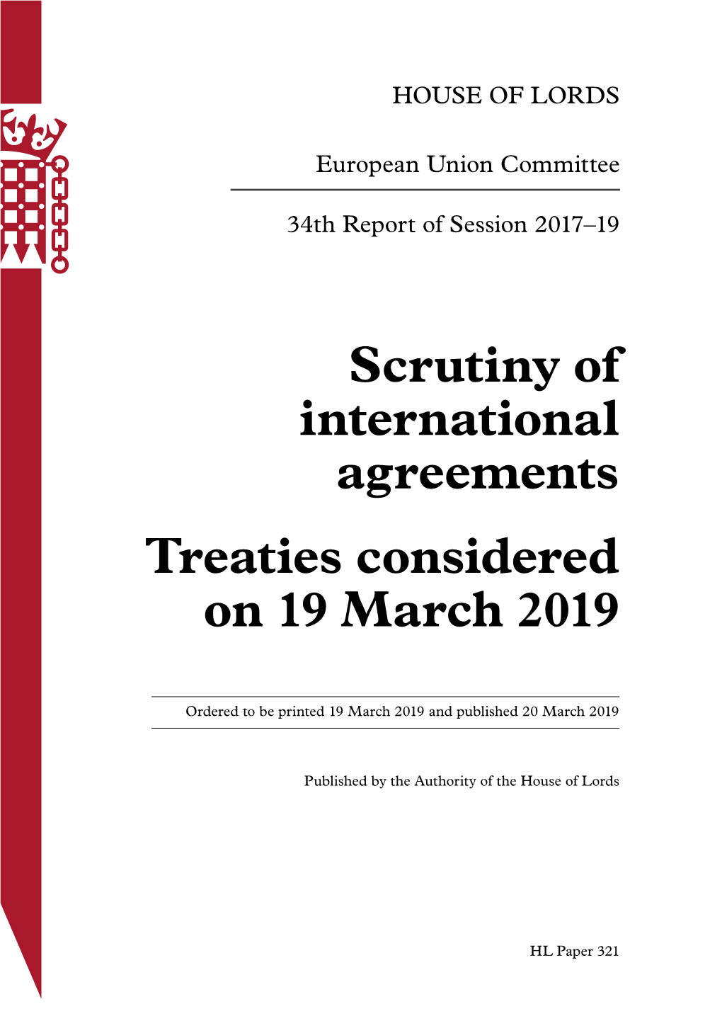 Scrutiny of International Agreements; Treaties Considered on 19 March 2019