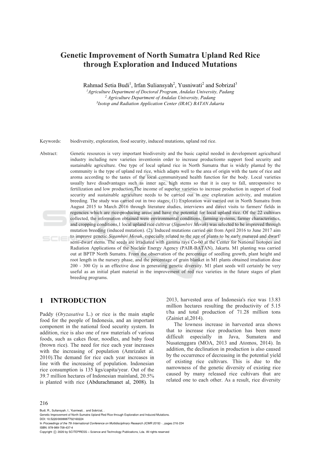 Genetic Improvement of North Sumatra Upland Red Rice Through Exploration and Induced Mutations