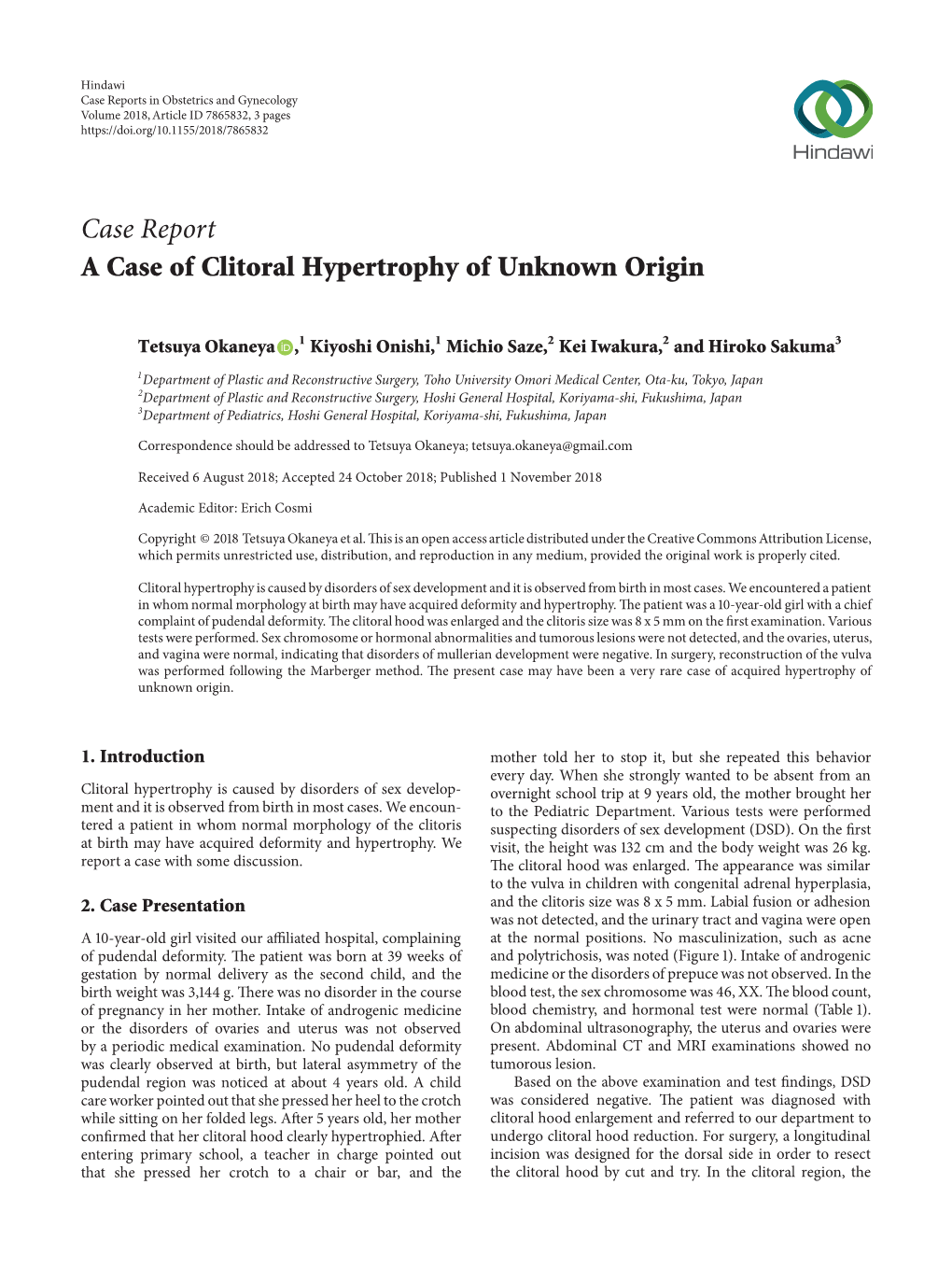 A Case of Clitoral Hypertrophy of Unknown Origin