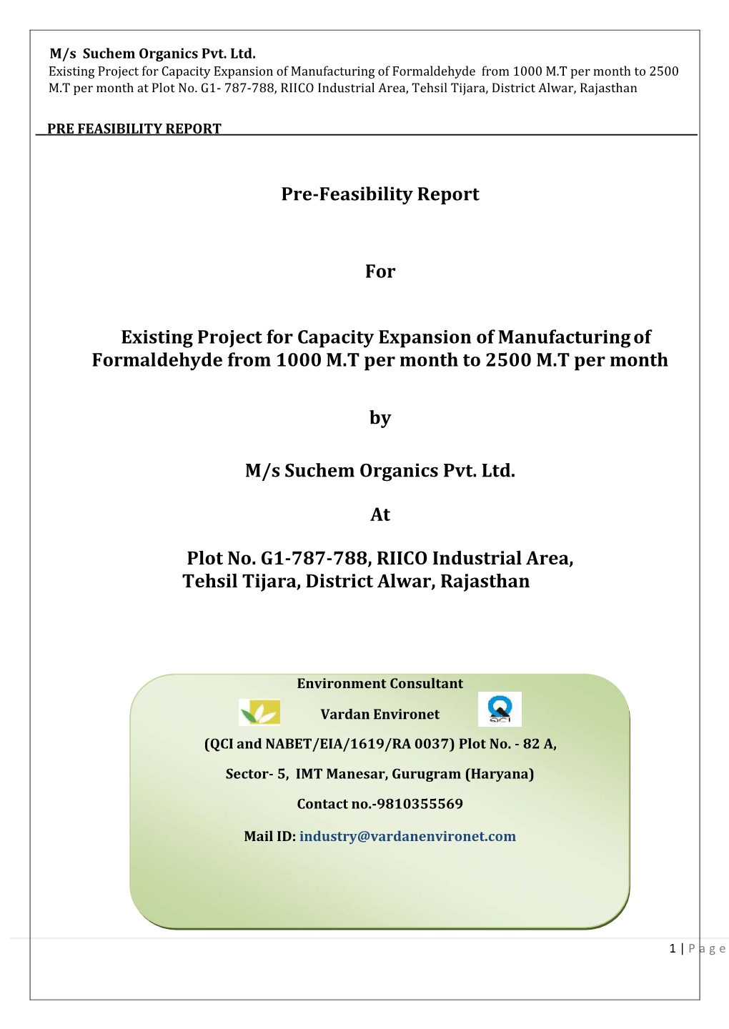 Pre-Feasibility Report for Existing Project for Capacity Expansion Of