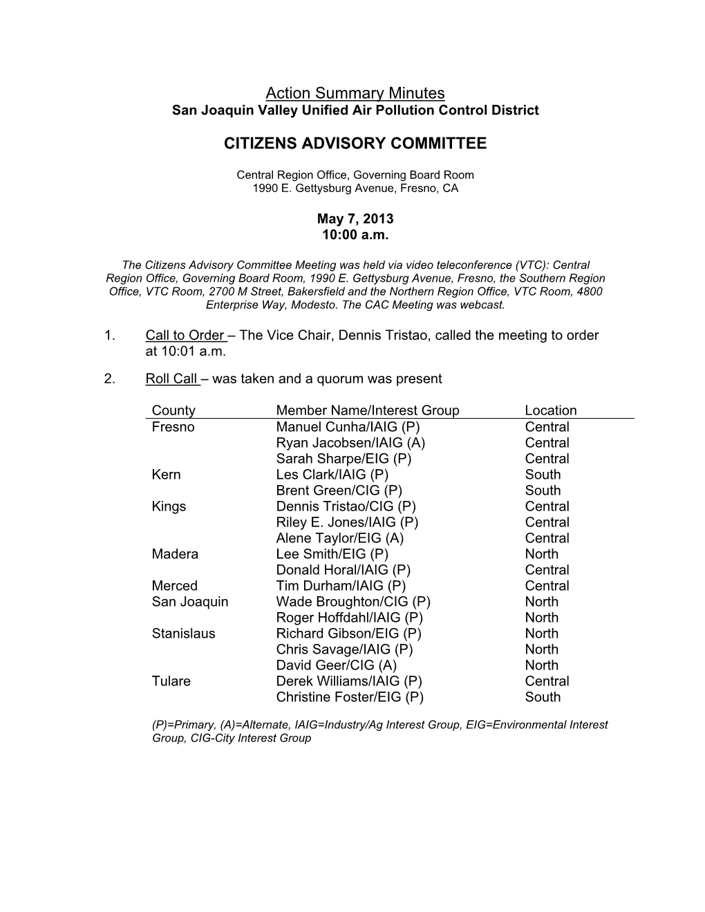 Action Summary Minutes CITIZENS ADVISORY COMMITTEE