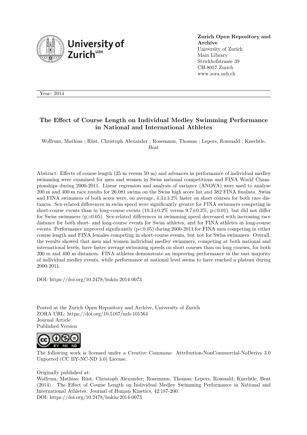 The Effect of Course Length on Individual Medley Swimming Performance in National and International Athletes