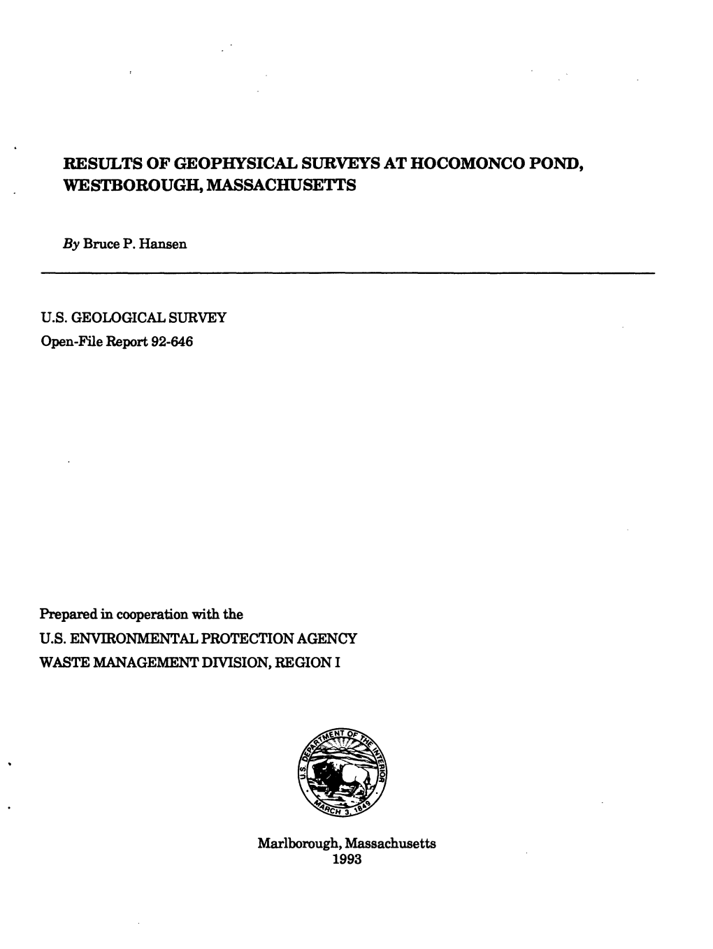 Results of Geophysical Surveys at Hocomonco Pond, Westborough, Massachusetts