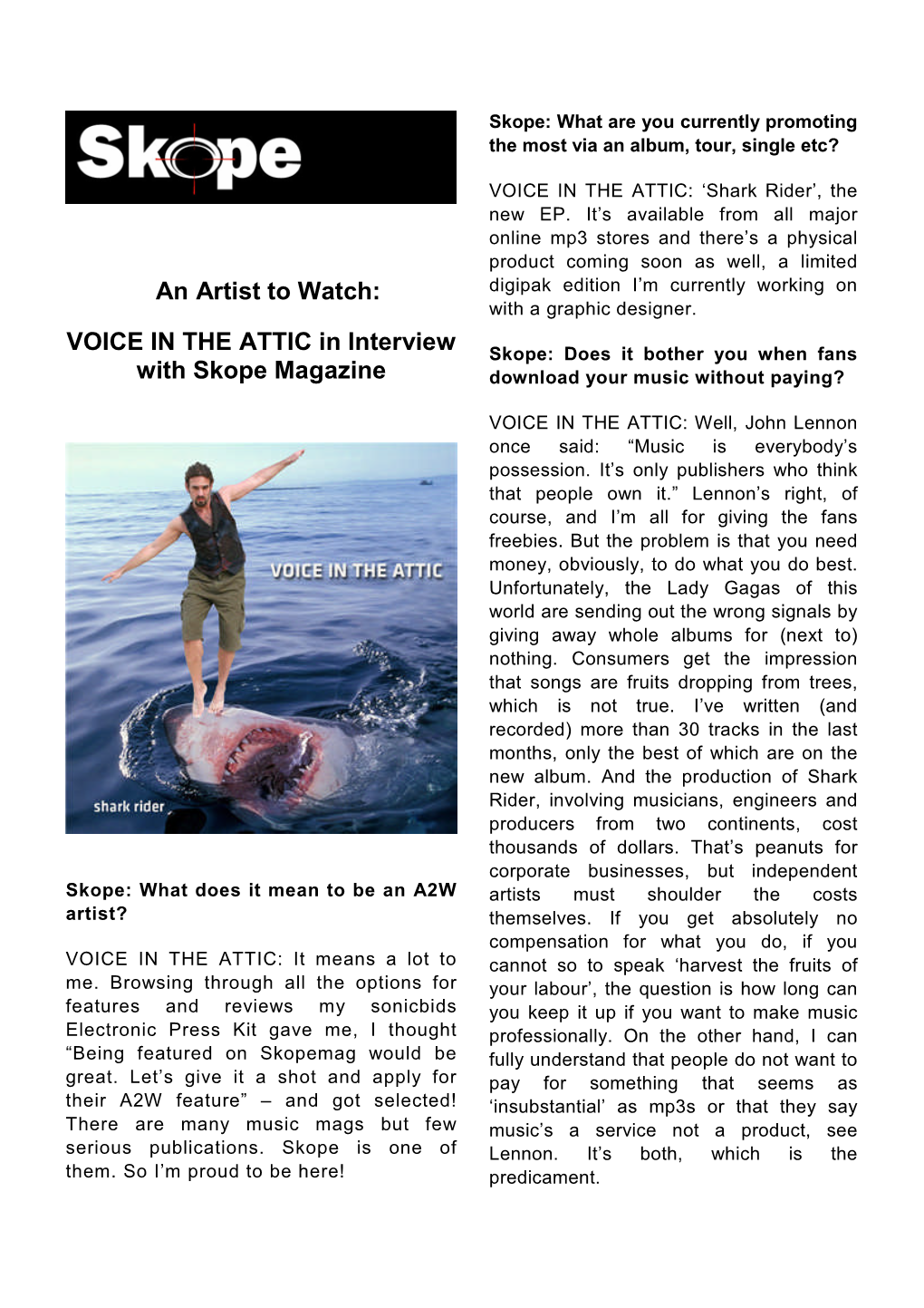 An Artist to Watch: VOICE in the ATTIC in Interview with Skope Magazine