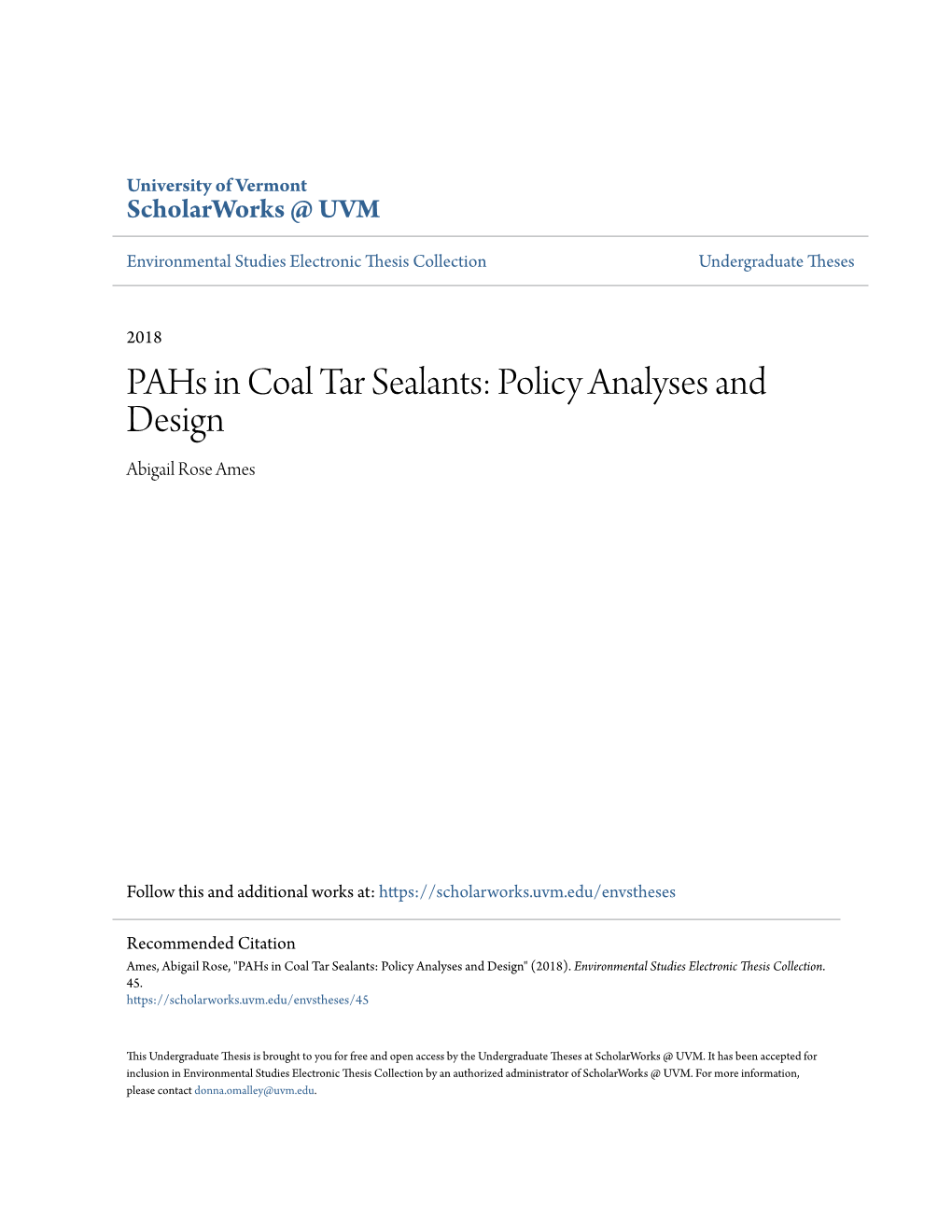 Pahs in Coal Tar Sealants: Policy Analyses and Design Abigail Rose Ames