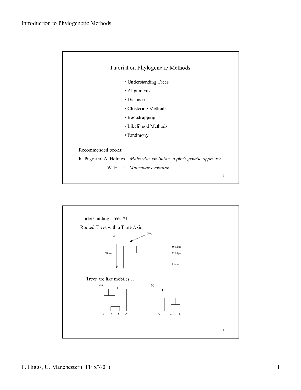 Introduction to Phylogenetic Methods P. Higgs, U