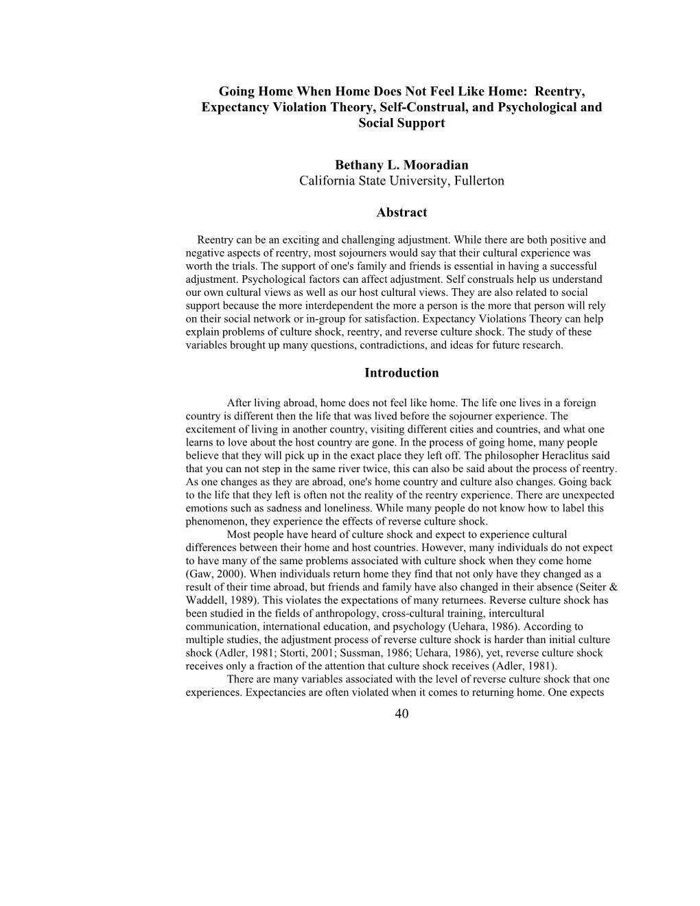 Going Home When Home Does Not Feel Like Home: Reentry, Expectancy Violation Theory, Self-Construal, and Psychological and Social Support