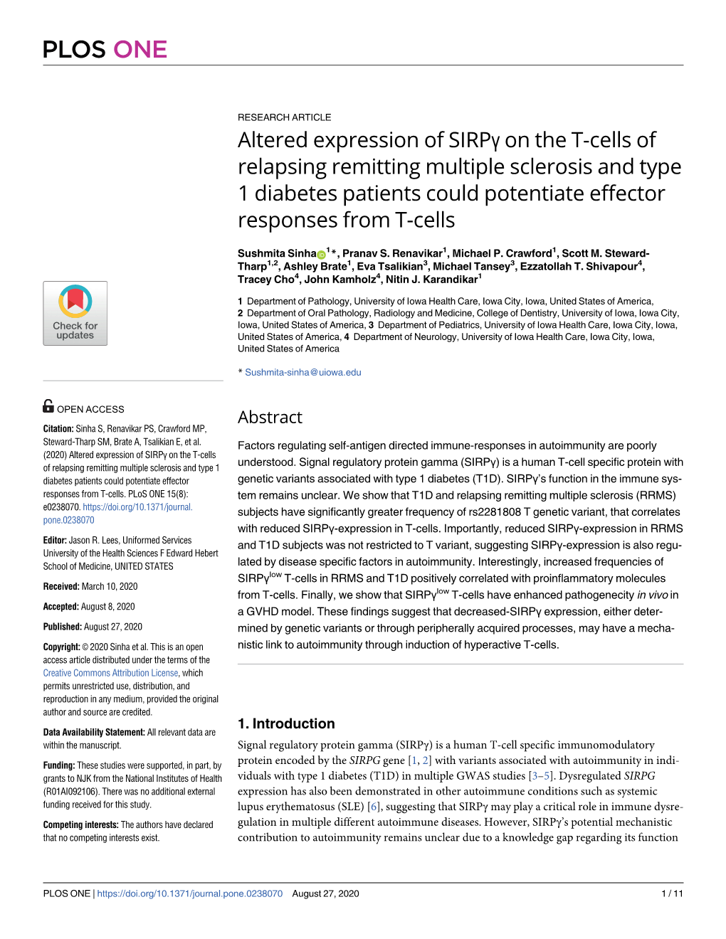 Altered Expression of Sirpγ on the T-Cells of Relapsing Remitting Multiple Sclerosis and Type 1 Diabetes Patients Could Potentiate Effector Responses from T-Cells